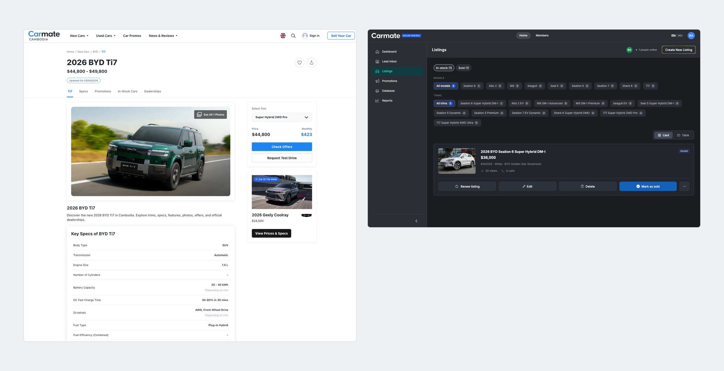 A model page on the consumer site next to the Seller Central listings screen
