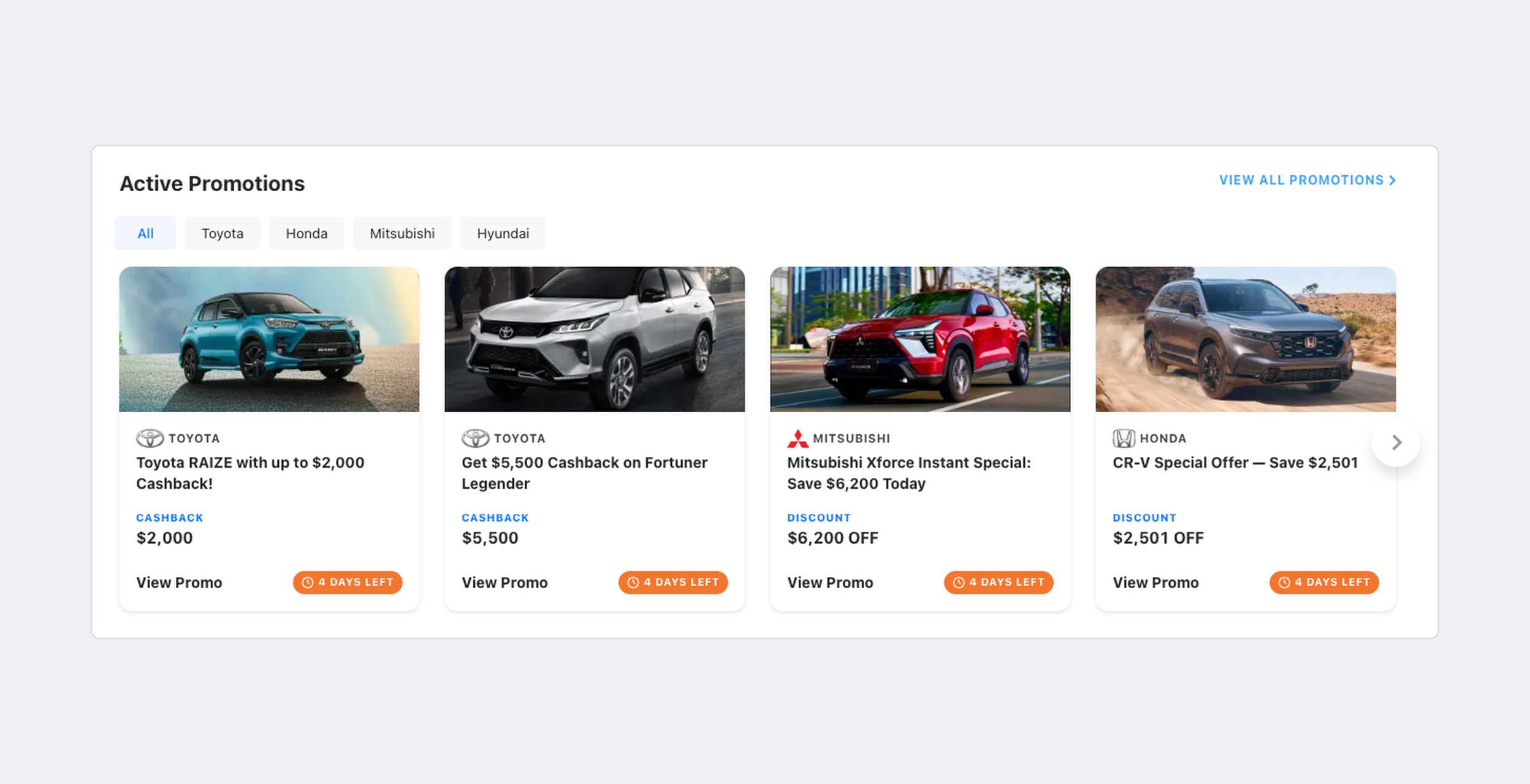 Live promotions on the Carmate home page: model-level cashback and discounts from Toyota, Mitsubishi and Honda
