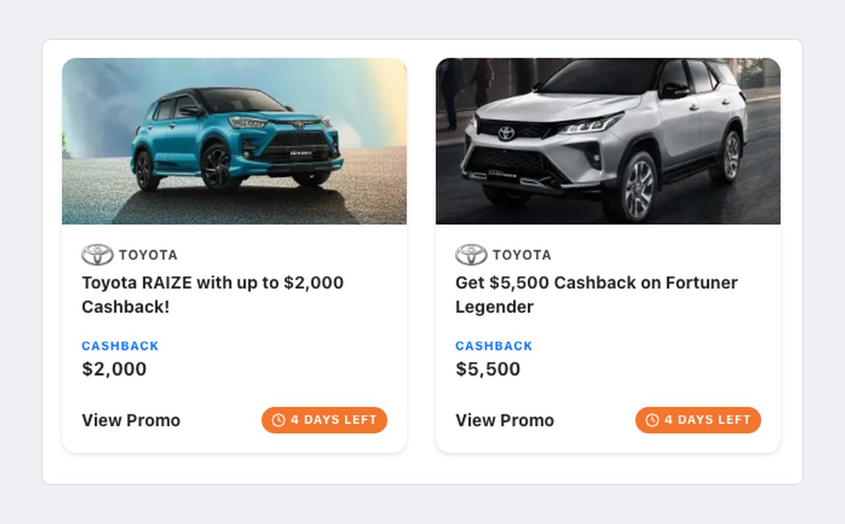 Live promotions on Carmate, written the way brands advertise them: model name plus cashback