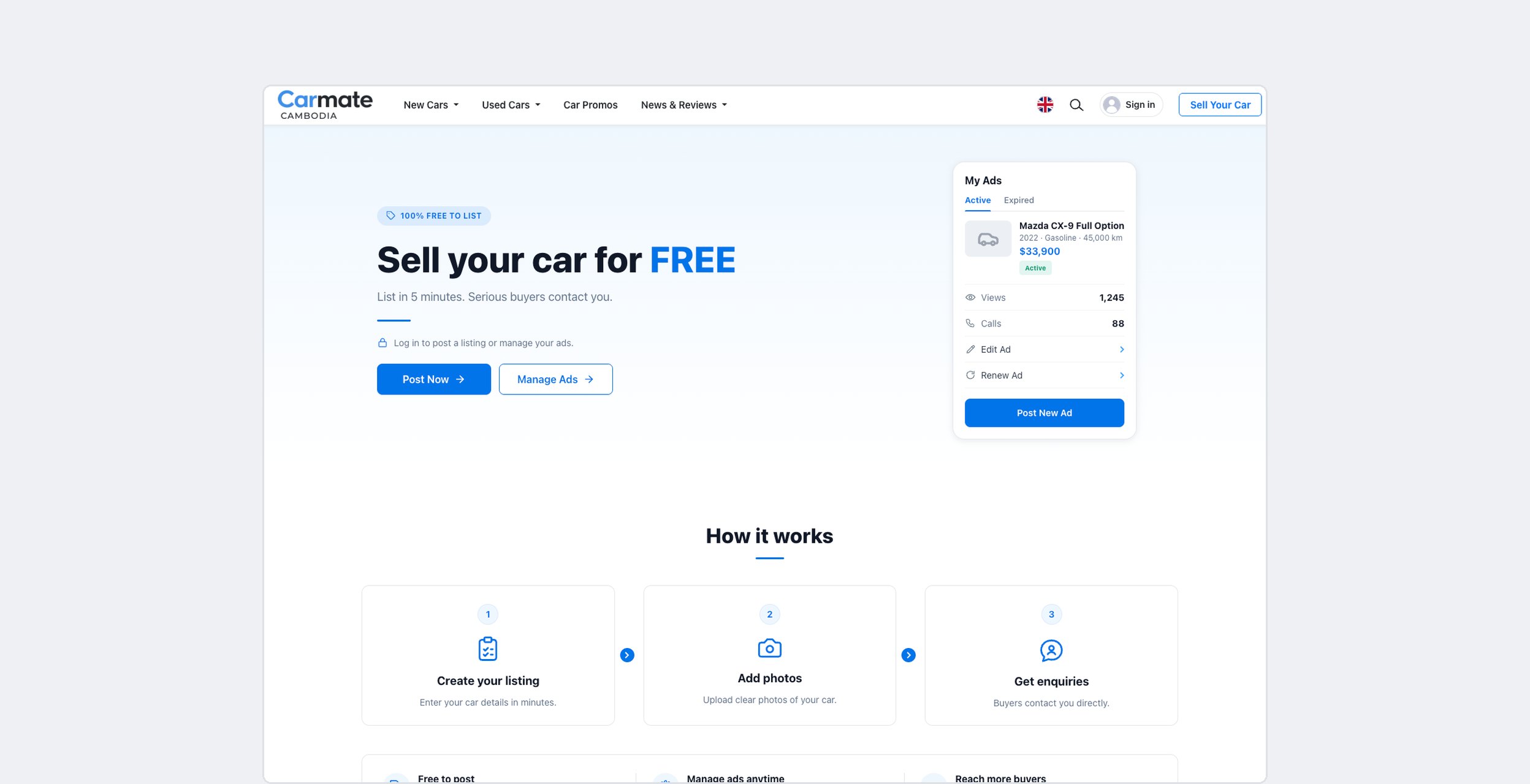 Carmate's Sell Your Car page: list in five minutes, in three steps