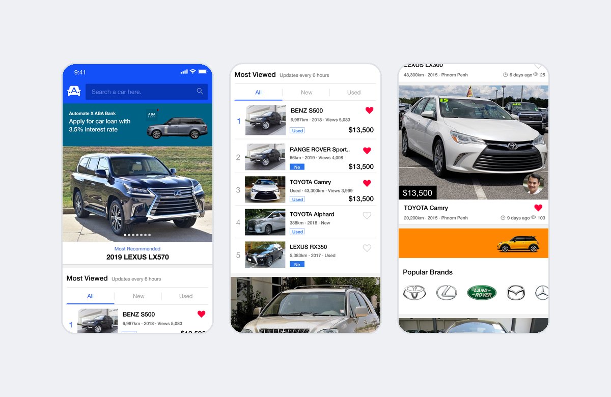 Three screens from the original React Native used-car app